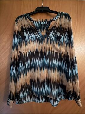 INC International Concepts Blue and Tan Abstract V-Neck Blouse